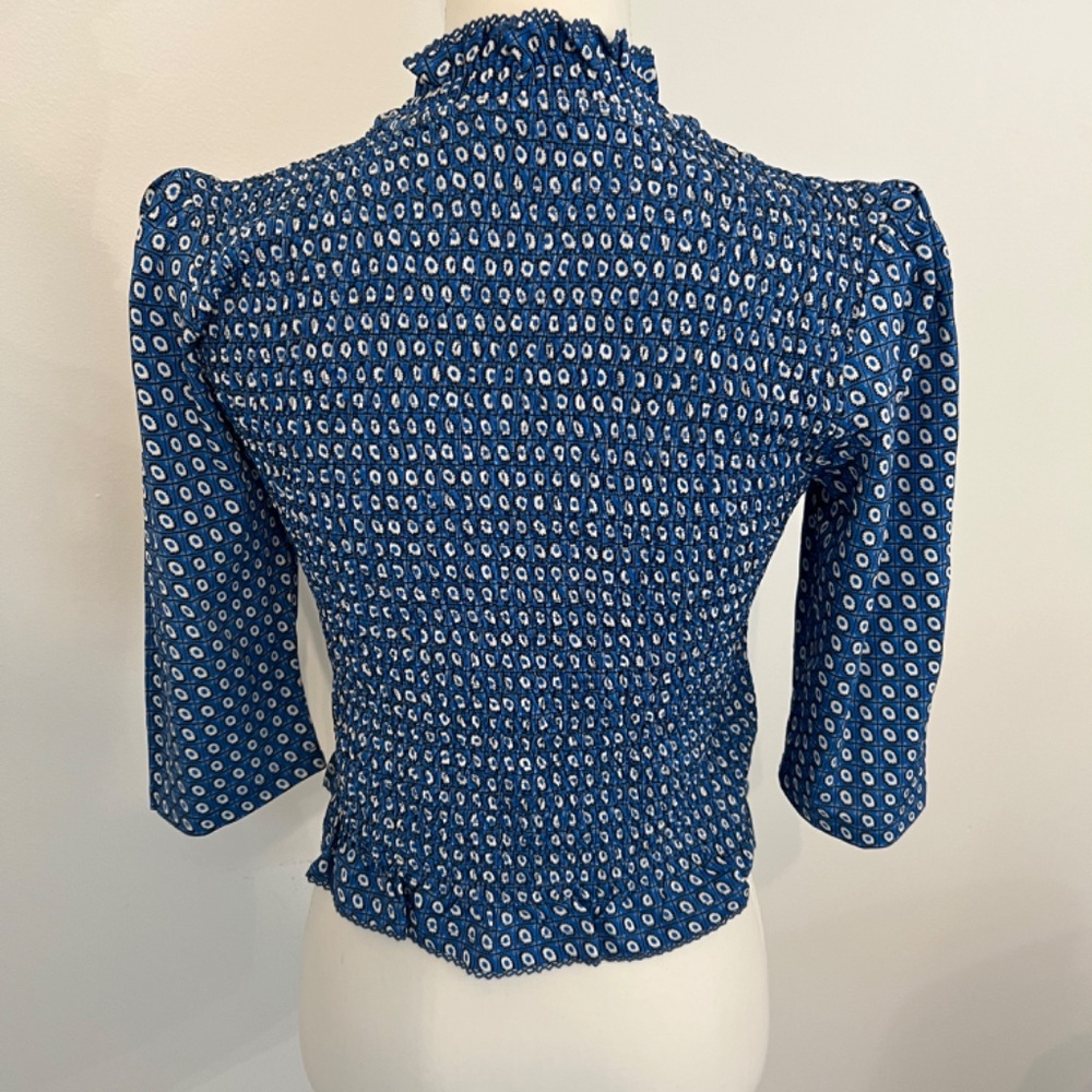 SANDRO Blue Floral Ruched Top Short Puff Sleeve Workwear Contemporary Blouse - Picture 4 of 7